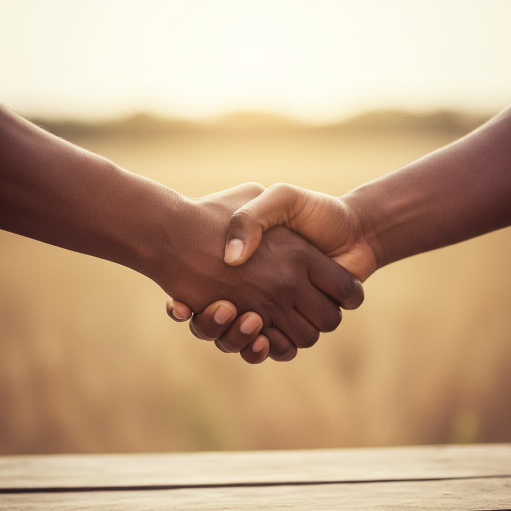 Two people shake hands against a blurred outdoor background.